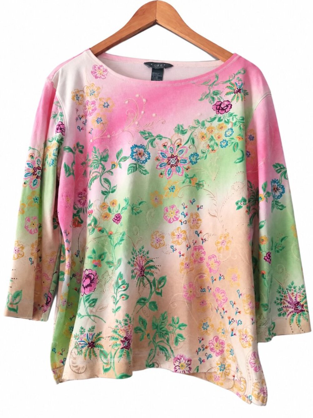 Koret Pastel Floral Sequin Cotton Blend 3/4 Sleeve Top Cottagecore Pink Green XL